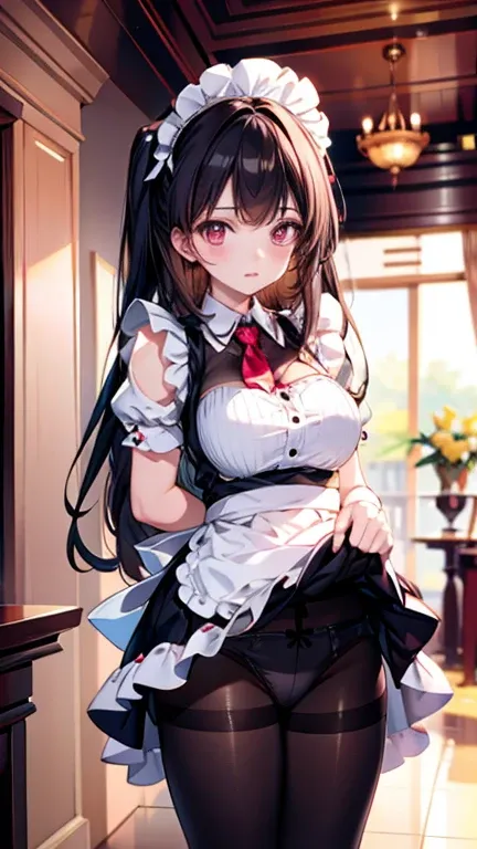 ((​masterpiece)), (top-quality), (detaileds), A 3D render of a digital avatar of a maid girl with a pink uniform and a white apron. She has black hair and wears a white collar .The background is a classic cafe with an antique counter, a few chairs, and a p...