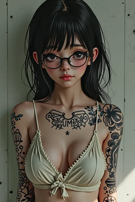 Realistic, High resolution, 1 Female, alone, Hip Up, View the viewer, (Detailed face),Big Tattoos,Bust Top,Small breasts,Science,Sadness,young,Japanese,Glasses