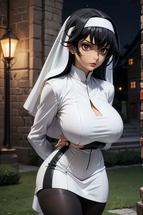 best quality, ultra-detailed, best illustration, masterpiece, high res (1girl), (huge breast), closed mouth, ((1girl)), ((((solo))), (((alone))), (((genderbend))), (((female))), wide hips, thick thighs, narrow waist, ((skin tight nun dress)), ((in a beauti...