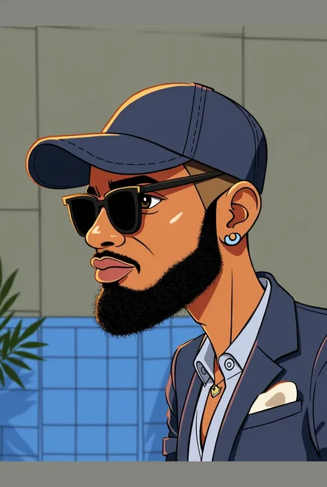 "Create an image of an elegant young man with coco skin, facing to the left. In a pixer  Animation style He should have a refined and sophisticated appearance, with well-groomed features and a stylish cap that adds a modern touch to his look. Dress him in ...