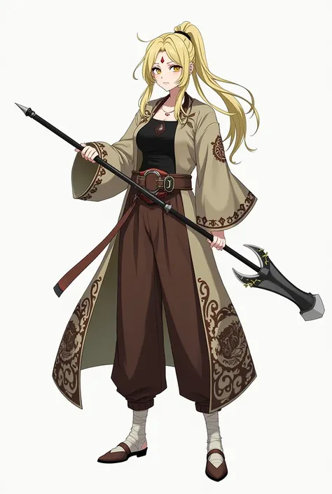 Create a Demon Slayer OC that looks . She has long, creamy-colored hair., tied back. Wear a long design jacket, and the fists, a dark t-shirt underneath and brown pants. It also has a belt with a visible buckle around the waist., which goes directly over t...