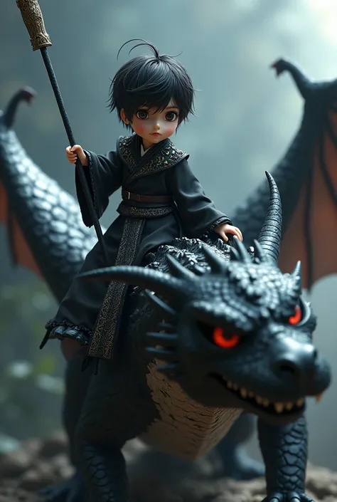 An anime male doll with a spear on top of a dragon in black and gray colors 