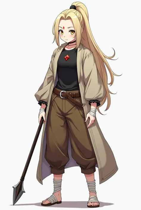 Create a Demon Slayer OC that looks , IT IS SMALL. She has long, creamy-colored hair., tied back. Wear a long design jacket, and the fists, a dark t-shirt underneath and brown pants. It also has a belt with a visible buckle around the waist., which goes di...