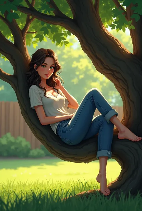 A beautiful backyard with grass and a tree has a beautiful woman with green eyes sitting in the tree, the focus is the landscape, woman is wearing jeans and a blouse 