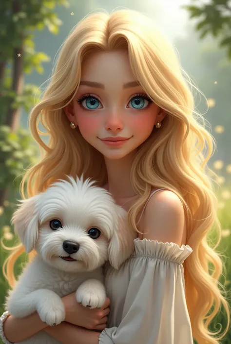 Blonde with small white dog