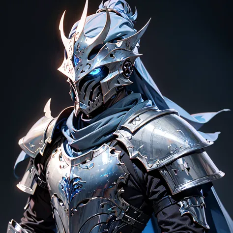 envision a 8k, highres, cinematic close up portrait of a Faceless Knight named Artorias with a slender body with Grand Silver armor with a Blue Scarf against a dark gray background in the style of dark fantasy