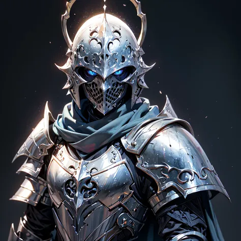 envision a 8k, highres, cinematic close up portrait of a faceless knight named artorias with a slender body with grand silver ar...