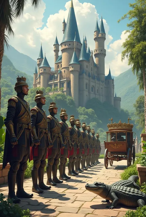 Fantasy castle with 8 dummy soldiers, arranged in a row, a carriage, two alligators and two fake turtles 