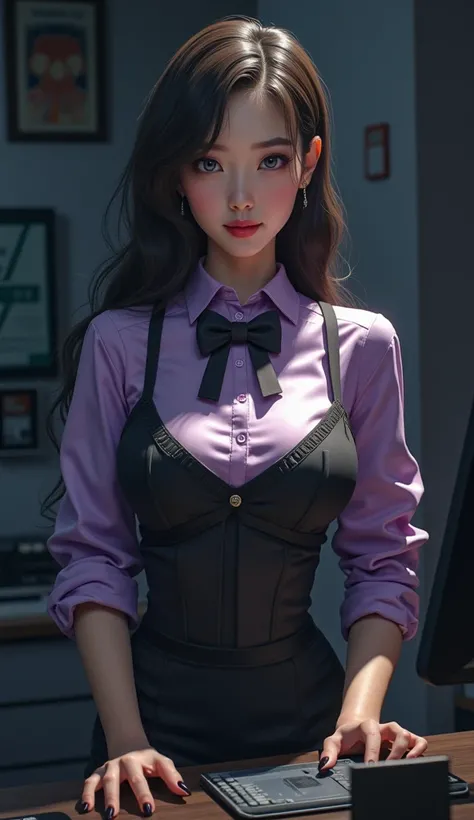 (32K:1.9, Realistic:1.9, Highest quality, masterpiece, Ultra-high resolution), Perfect dynamic composition, Highly detailed skin and facial textures:1.3, bank, Counter services, Professional random camera work, Cinema Lighting, ((Cute sexy slim tall Japane...