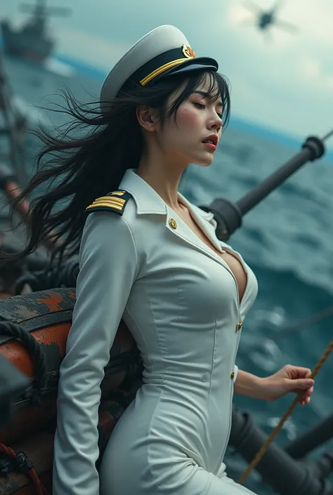 Photo-realistic, ultra-realistic, (very beautiful Japanese, famous Japanese idol but naval commander:1.3), wearing a tight fitting white naval uniform, dynamic angle, (painful expressions:1.5), Her battleship was hit and exploded, amazing view of exploded ...