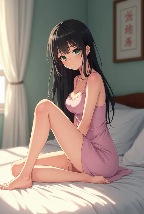 an adult girl with white skin and green eyes in shape and black hair and a curvy body wearing a plain light pink dress and light pink anime style thin socks and sitting on the bed