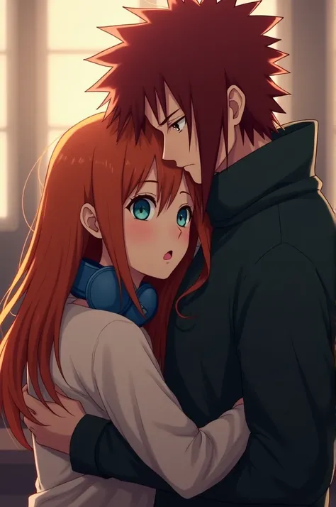 Itachi Uchiha hugging a copper redhead girl with a bit of orange with long, loose hair with blue headphones on her neck and blue eyes and bangs and in her bangs she has a long, slightly bumpy lock. 