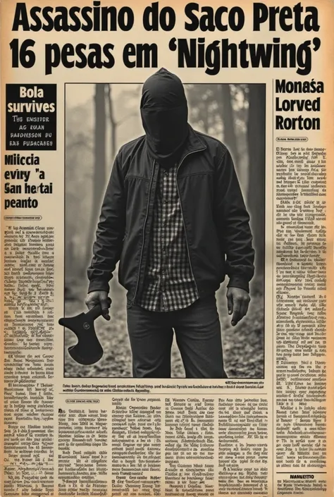 An old newspaper clipping from 1978 about a camp called "nightwing", and a man with a black garbage bag on his head, a black jacket, checkered clothes, a pair of dark blue jeans and an axe, who murders 16 people and then is murdered. But only one woman nam...