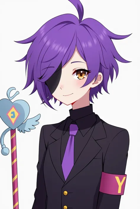 His hair is short, colored purple. He has brown eyes with no pupils and a dark shadow that covers half of each of his eyes. He wears a normal dark business suit with a turtleneck, a purple tie and an armband with the first letter of his name on it, "Y". Th...