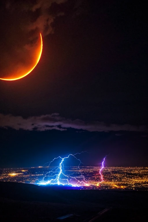 the ground covered in black flames while blue,red, and purple lightning is striking down to the flames and ground with a moon in the middle that has a golden ring glowing down on all the chaos