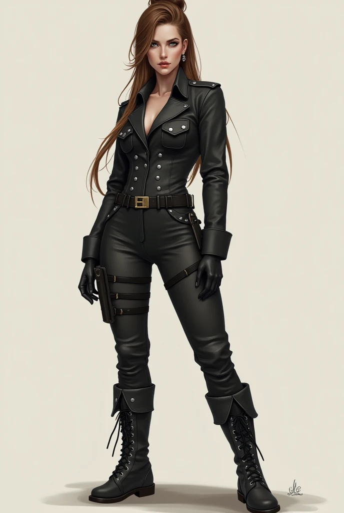 Woman with brown hair up, brown eye and white eye. Black military suit, gloves and small earrings, Boots. Whole body. drawing style