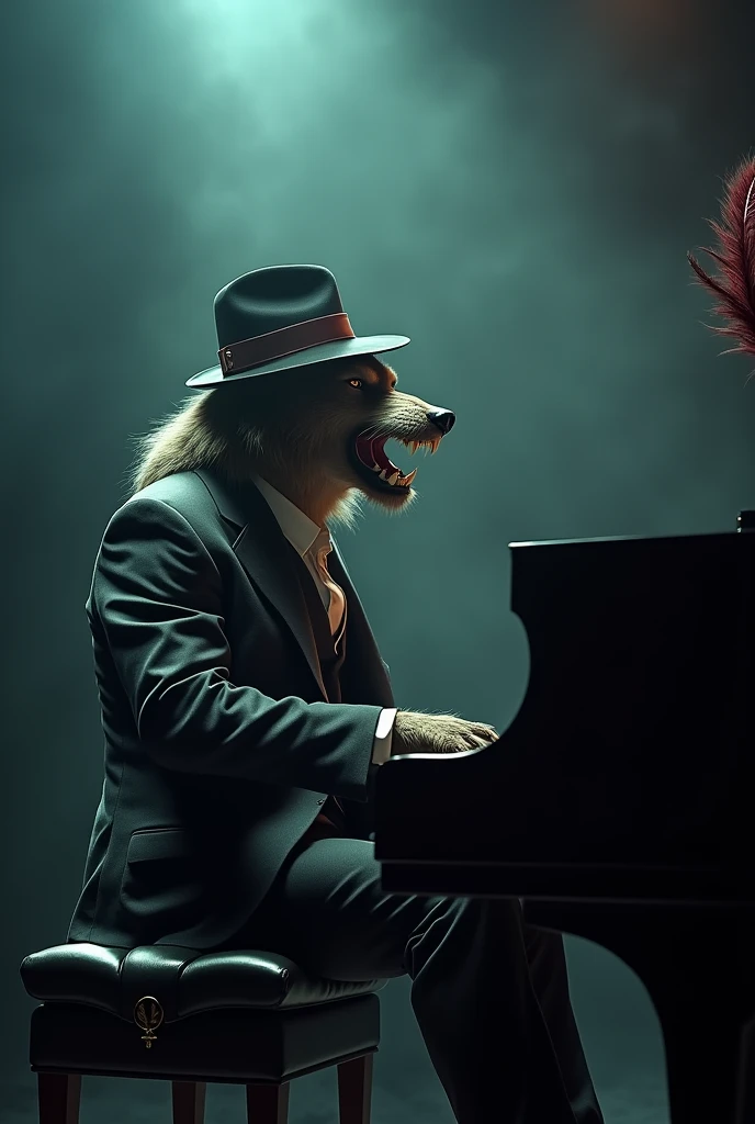 Werewolf in gangster suit and hat with a feather, mustache, playing the piano on a dimly lit stage while howling