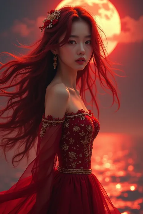 Kim Jisoo beautiful and elegant with big, eyes round like the full moon, Her long red hair flowing gently in the wind. She wears a long, Dark red dress with shiny gold embroidery, A classic and elegant cut with modern touches such as a high slit or transpa...