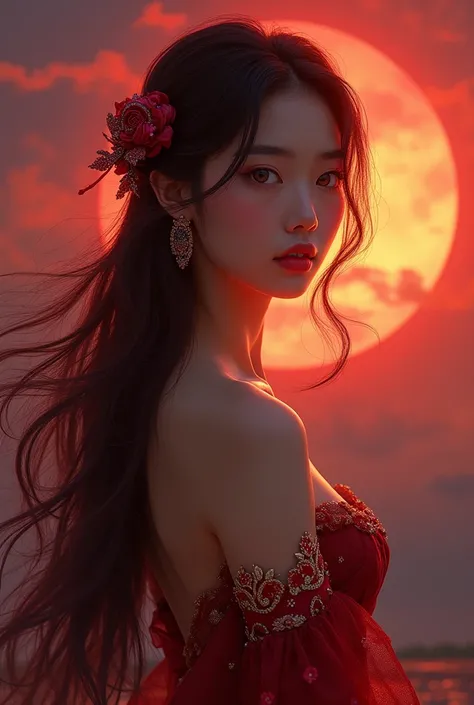 Kim Jisoo beautiful and elegant with big, eyes round like the full moon, Her long red hair flowing gently in the wind. She wears a long, Dark red dress with shiny gold embroidery, A classic and elegant cut with modern touches such as a high slit or transpa...