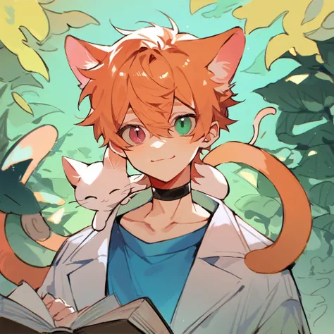 1boy, cute boy, teenage, orange hair, blue-green eyes, heterochromia, bangs, white skin, cat ears, cat tails, blue shirt, white doctor coat, black choker, smile, book