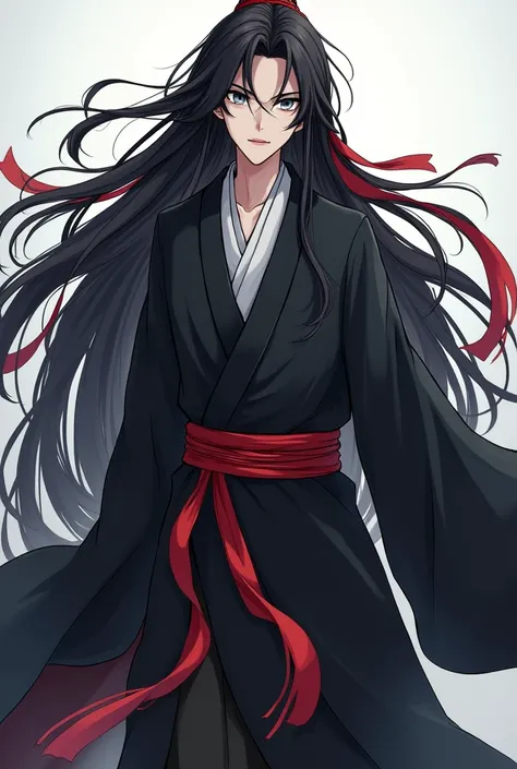 ( Mo dao zu shi) Black Hair, Gray eyes, Long flowing hair and robes, ( There is a red ribbon tied in his hair) Beautiful Shinigami, wearing Flowing robe, Full body martial arts, shuushuu anime character, Inspired by Wu Daozi, heise jinyao, Wearing a robe, ...