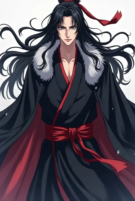 ( Mo dao zu shi) Black Hair, Gray eyes, Long flowing hair and robes, ( There is a red ribbon tied in his hair) Beautiful Shinigami, wearing Flowing robe, Full body martial arts, shuushuu anime character, Inspired by Wu Daozi, heise jinyao, Wearing a robe, ...