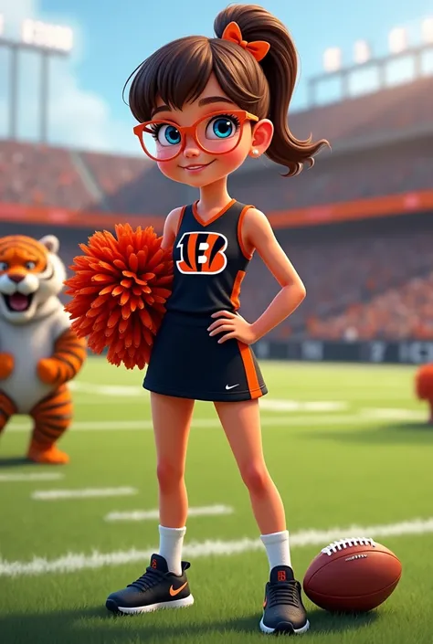  With name “GRACE” 
Bengals cheerleader tween 
Chunky body
Brown hair, medium length in ponytail, bangs, 
blue eyes with clear plastic glasses
football field stadium
Black & orange  one piece outfit  with Bengals logo  black nike shoes 
No show socks
 hair...