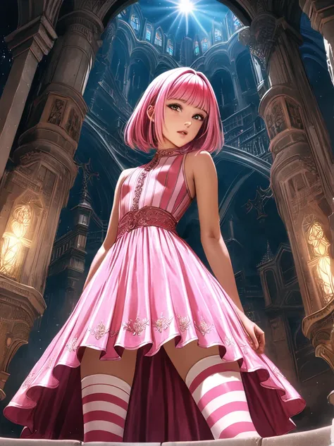 totak naked stephanie a girl, with pink hair and a pink wig, as-young zrpgstyle stephanie, pink striped dress stockings standing...