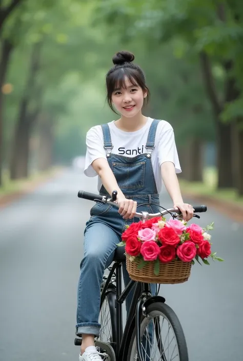 beautiful indonesian girl, smooth white skin, well-groomed face,Korean style bun hair with Korean style bangs, White shirt, with Santi logo motif, (celana jumpsuit )jeans warna coklat ,
white shoes, pose in the middle of the road, smiling sweetly while pus...