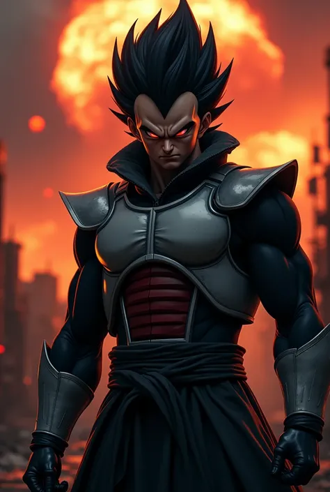 Dragonball style, vampire, nuclear energy In background, dramatic lighting, intense, bad ass, anime style, realistic, 8k HDtense scene.in destroyed street.armor.crazy pose,angry.sinister.frightening.dark.perfect image quality very realistic and cinematic |...