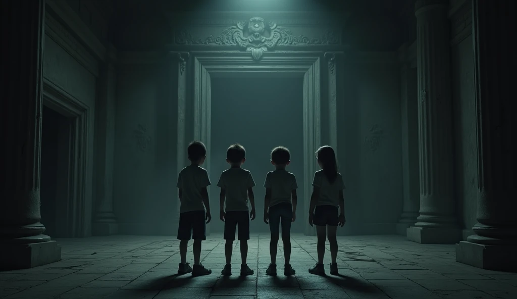 Generate realistic cinematic 3d image "Create an image of a dark, eerie palace with a horror theme. In the center of the room, four young 10 year friends are standing, looking terrified as they stare at a door and looks clearly  that has just slammed shut....