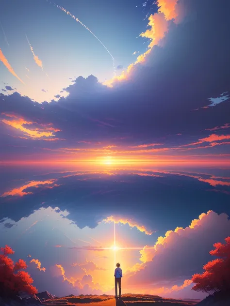 Beautiful and serene anime landscape, ((with clean sky bintage effect)), sunset ((without clouds)), dreamy, incredible. A boy looking towards the empty horizon, an incredible clear sky, The image shows a young male anime character contemplating the ocean a...