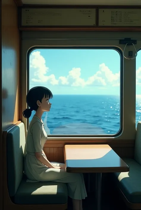 spirited away, girl、Riding a train, live-action,View of the sea from the window