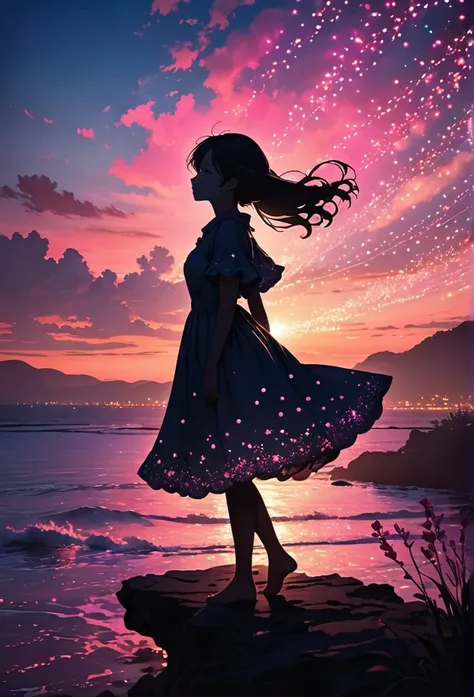 The image depicts a silhouette of a girl standing against a stunning sunset background. The sky transitions from a deep pink near the horizon to a deep blue as it ascends. The figure appears to be enveloped in a series of tiny glowing fairy lights, some of...