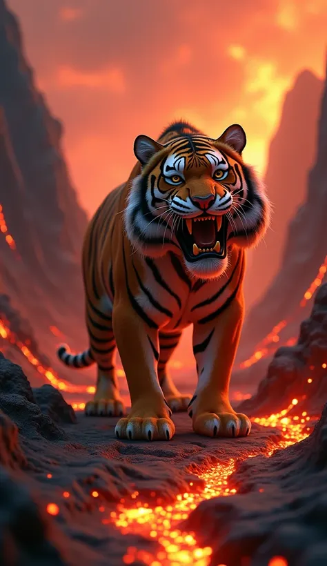 a tiger, with its striped fur sitting in hell where the ground is cracked and charred, with lava flowing through the cracks, in 3D animated style