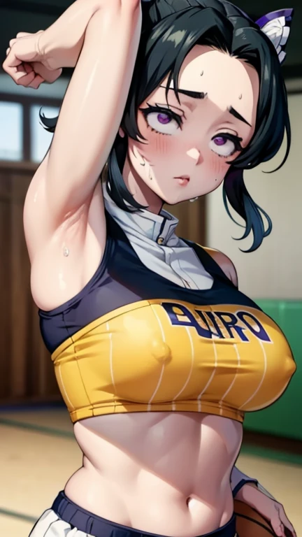 a close up of a person wearing a basketball uniform, a picture, inspired by Kentaro Miura, trending on pixiv, Shinobu Kochou, Demon Slayer, Kimetsu no Yaiba, wearing yellow nba jersey, yellow croptop nba jersey, wearing a low cut croptop, wearing croptop, ...