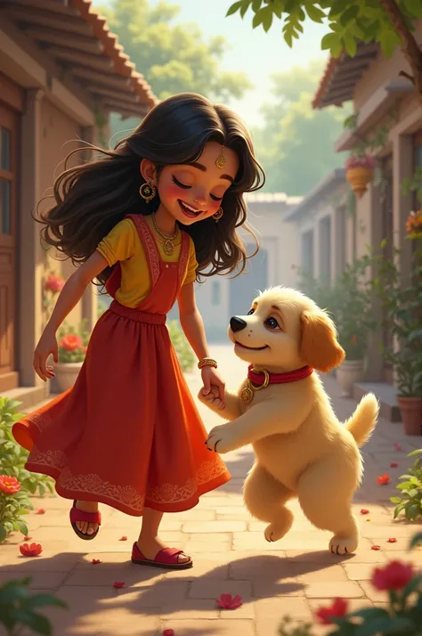 The bond between Radha and the puppy: "Radha and the puppy, now best friends, are always together. The puppy follows Radha around with excitement, and Radhas face beams with joy. The setting shows them playing in the village, with the puppy jumping around ...