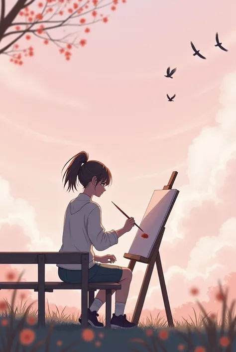 A girl with her back turned painting a canvas sitting on a bench with her hair tied in a high ponytail and with a bit of hair sticking out with a pink background with clouds and with a bit of birds without tree leaves 