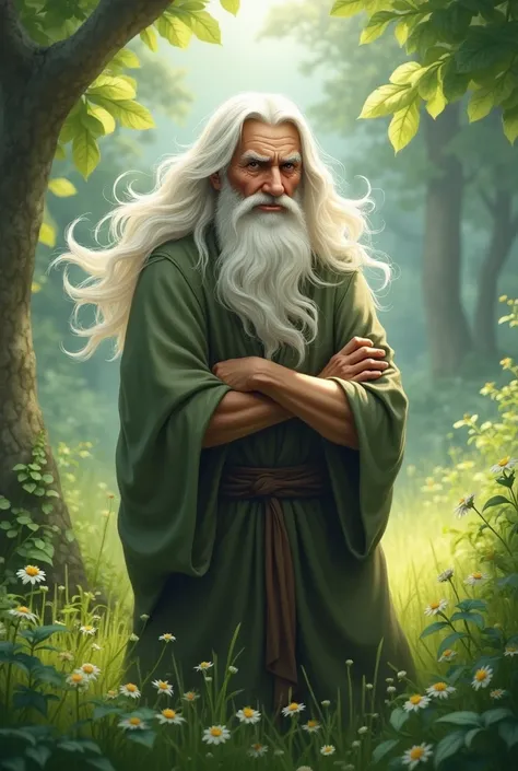 man, white hair, long hair, pointy hair, black eyes, light smile, crossed arms, grass background, wind