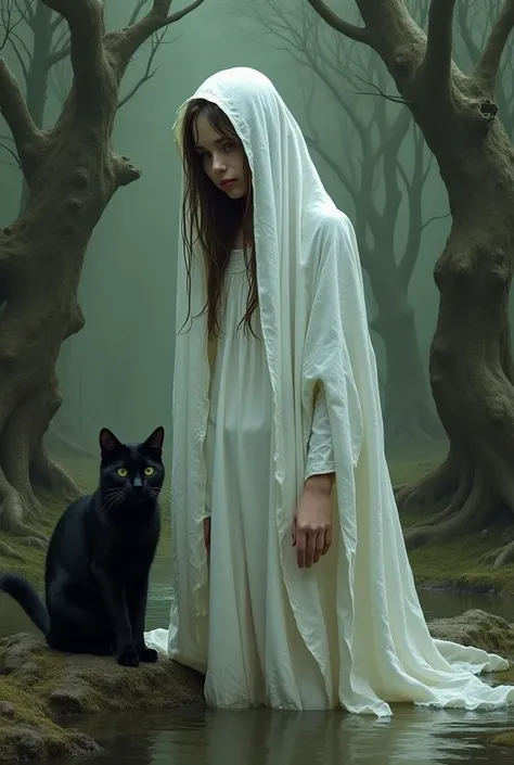 A girl covering her with wet white cloth near to her a black cat she has magical powers but she is in near to a pond surrounding with lots of bog trees