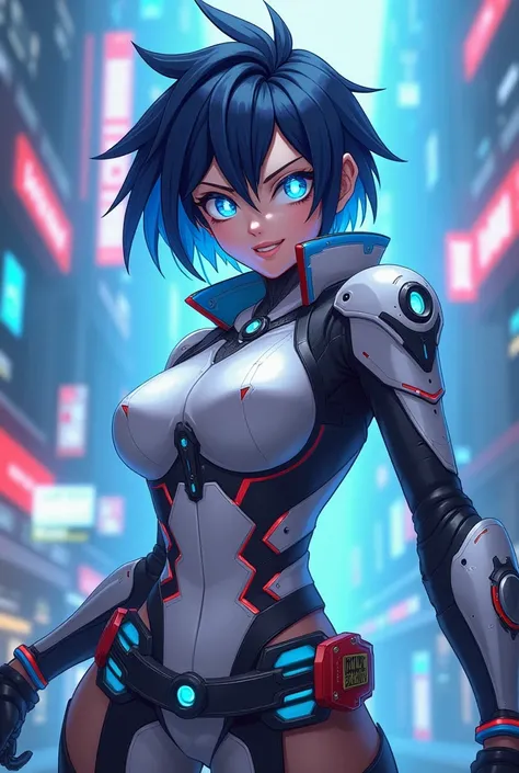 Create an image of a futuristic, cyberpunk-style character with a confident and heroic pose. The character should have short, styled hair that is a mix of blue and black. Their eyes should be glowing blue, and they should be wearing modern, high-tech armor...