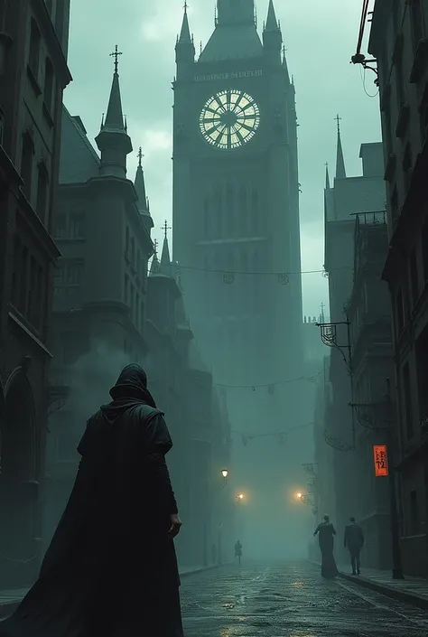 More buildings, more gothic architecture and a mysterious character that looks a lot like it and with the same build the one in the reference photo and add more details like a building that is a giant clock, things like that with gothic architecture and ma...