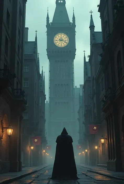 More buildings, more gothic architecture and a mysterious character that looks a lot like it and with the same build the one in the reference photo and add more details like a building that is a giant clock, things like that with gothic architecture and ma...