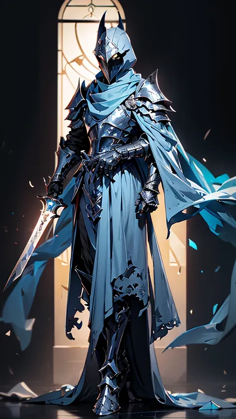 envision a 8k, highres, cinematic Full Body Concept Art Design Sheet of a Faceless Knight named Artorias with a slender body with Grand Silver armor with a Blue Scarf against a dark gray background in the style of dark fantasy