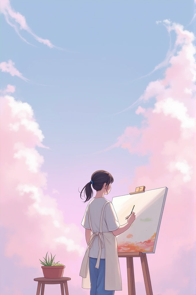 A girl with her back turned painting a canvas wearing an apron with her hair tied in a ponytail with some hair sticking out with a pink background with clouds 