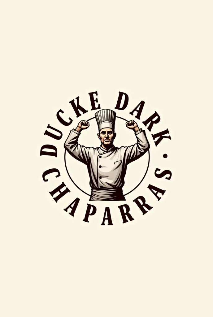 Create me a circular logo, which has a human person like a chef and has the name : Duck chaparras in Spanish all around