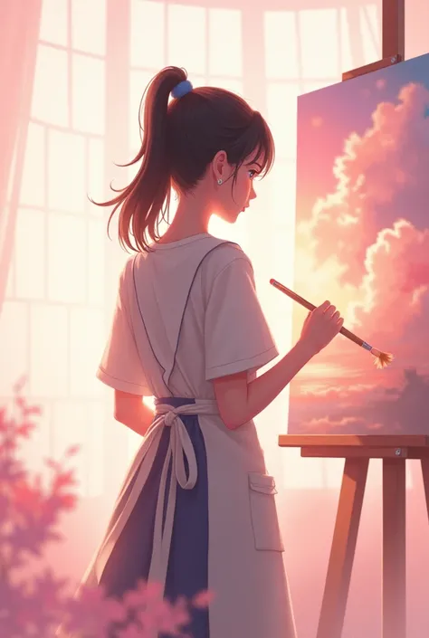 A girl with her back to back painting a canvas wearing an apron sitting with her hair tied in a ponytail with some hair sticking out with a pink background with clouds 