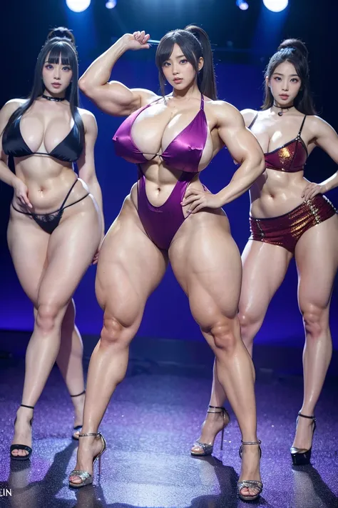 Ultra-high resolution, Realistic, Very detailed, Golden Ratio, Highest quality, Four people are standing full-body shot, (promotional photoshoot), (Are standing), Four people stand on the stage in high heels, (Four Beautiful female with same Exemplary Figu...