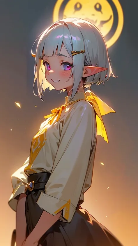 １girl、Small breasts、Angelic Face, Goblins, Elf ear hair, Silver hair and short bob hairstyle、Tie your hair up with a hair clip、Glowing pink round eyes, cute, yellow peasant tunic, Medieval, Medieval city background, bust from the neck up, Grin、From the sid...