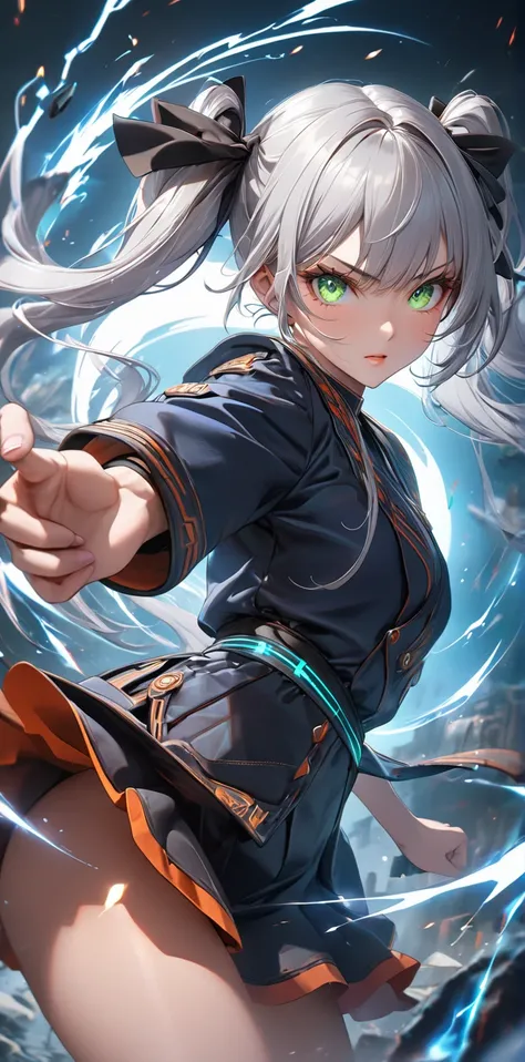 Ultra high resolution, rich colors, perfect image, top quality, detailed image, beautiful single woman, glowing skin, skin and clothing texture, delicate eyes, hadouken, silver hair twin tails, green eyes